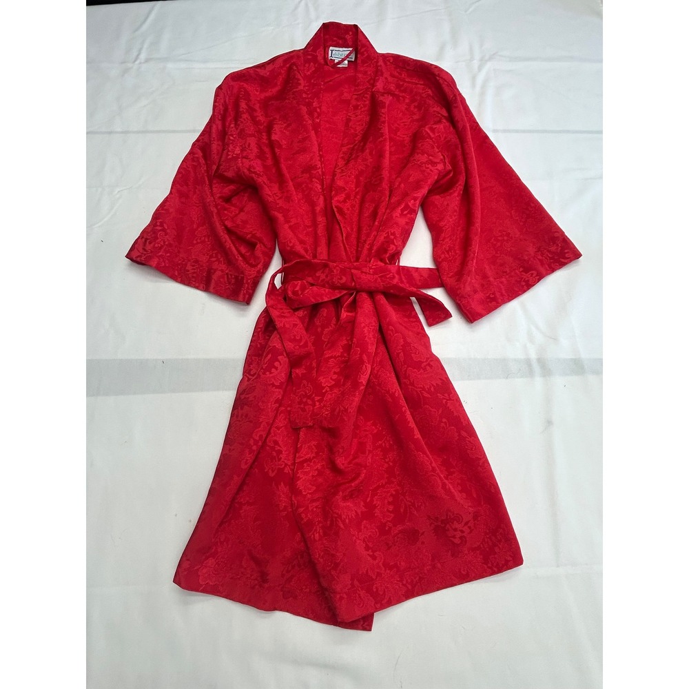 Vintage Inhibitions Red Satin Kimono Robe One Size Floral Jacquard Lingerie